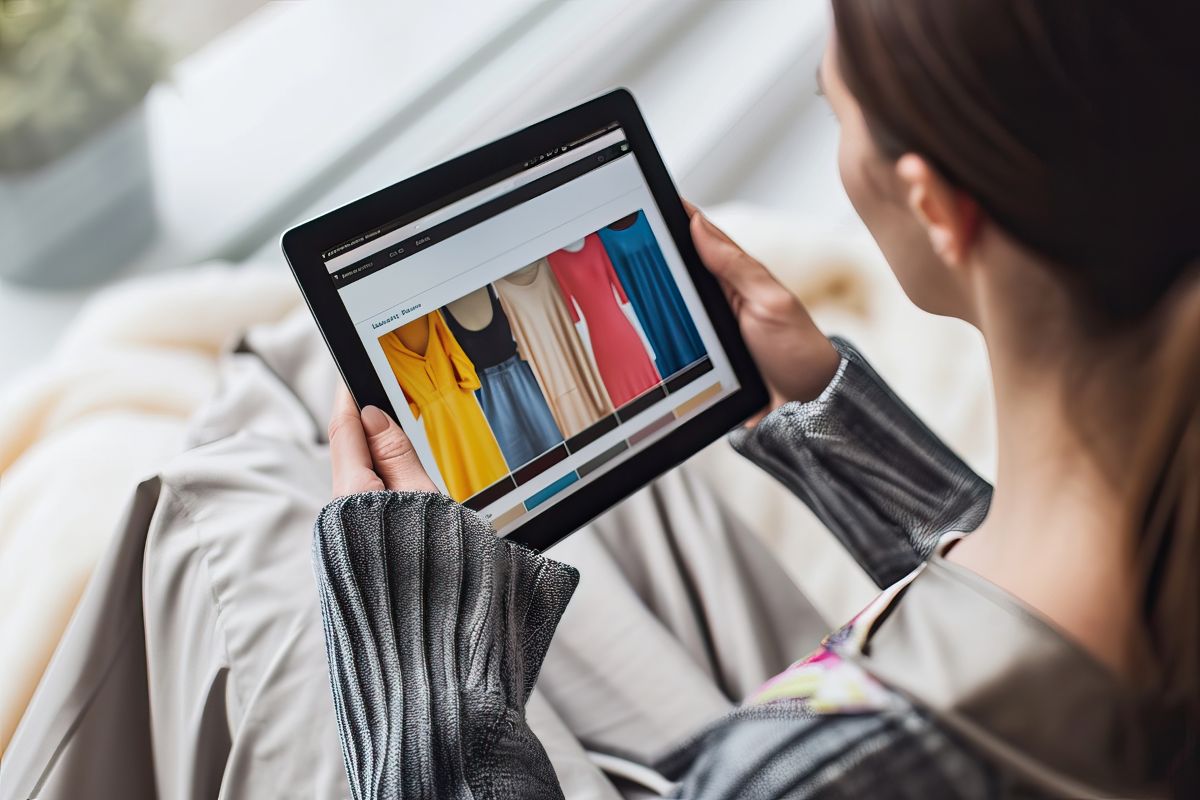 woman shopping for clothes online using a tablet