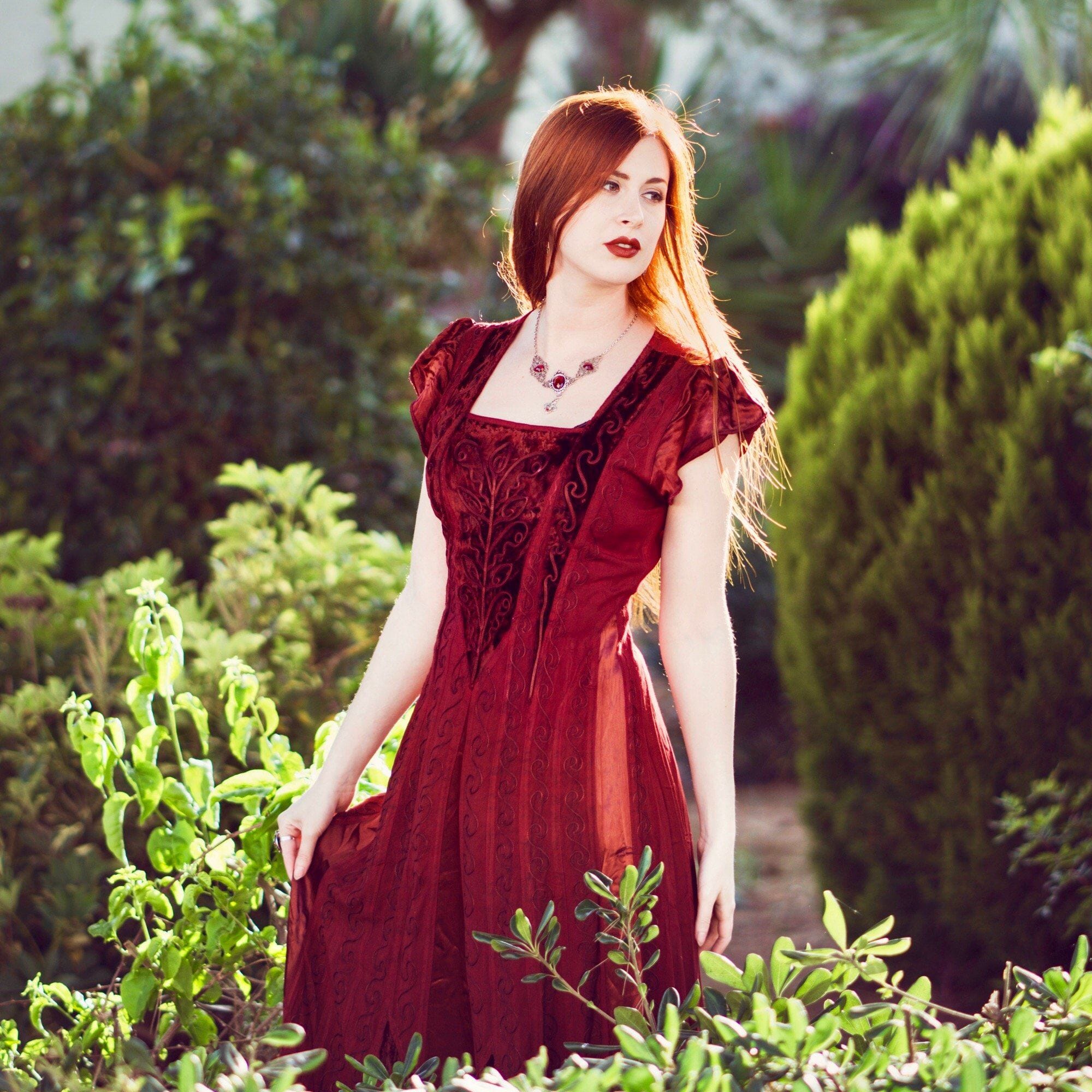 knee length dresses for ladies Isolde Red Midi Dress with Floral Appliqué, L / Red main image 1