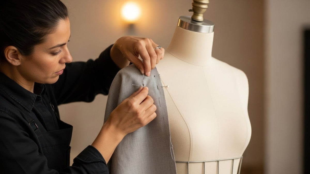 A woman is sewing a dress on a mannequin