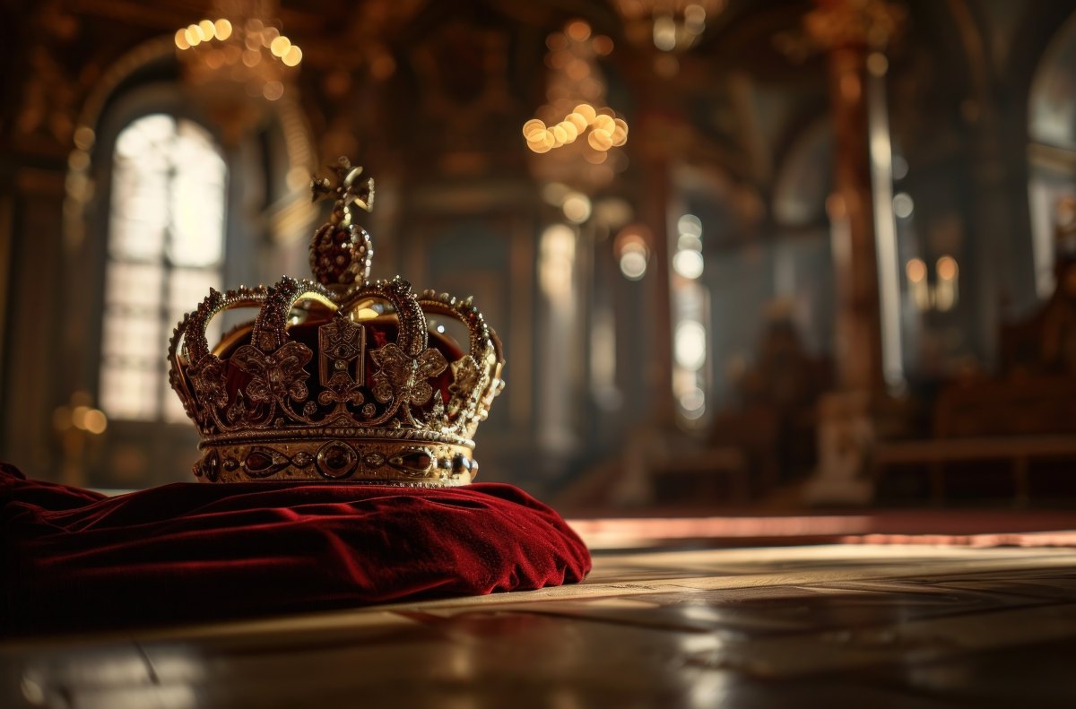 crown on red velvet cushion with a blurred background